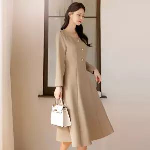 [시크라인] (~XXL까지) 페이테 스퀘어넥 진주버튼 플레어 원피스 봄 가을 하객룩 오피스룩 모임룩 격식룩 빅사이즈