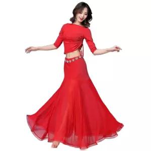 줌바 밸리댄스 옆트임 상의 밸리댄스의상 오프숄더 무대 레드 상의+롱스커트+안전바지 M