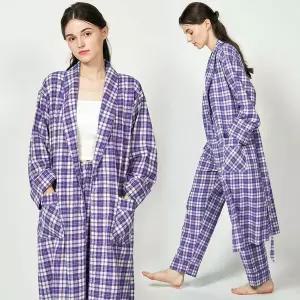 [하프클럽/알콩단잠]홈웨어로브 체크 기모 선염 순면 나이트가운 여성 로브잠옷 (퍼플)