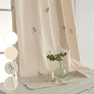 워싱 광목 리본자수 봉집형 가리개 커튼