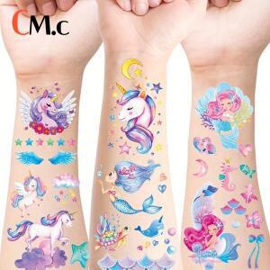 12 시트 반짝이 유니콘 인어 어린이를위한 문신 스티커 만화 무지개 귀여운 방수 바디 가짜