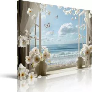 오션뷰 창문 해변 장면 그림 벽 장식 액자 꽃 나비 캔버스 아트 해안 동물 프린트 포스터 거실 침실 욕실용