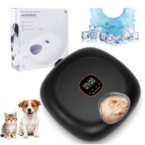 Sharper Image 자동 고양이 급식기 무선, 습식 사료용 사료 디스펜서, 아이스 팩 2개, 프로그래밍 가능한 타이머 배터리 부족 표시기가 있는 고양이를 위한 충전식 급식기, 블랙