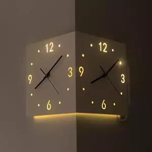 늘솜우드 코너 벽시계 모서리 조명 led 센서 양면 무드등 무소음시계 무타공