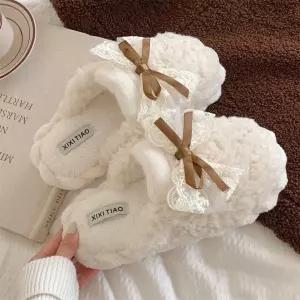 리본레이스 포인트 폭신보온 여성 겨울실내 털슬리퍼 JS618