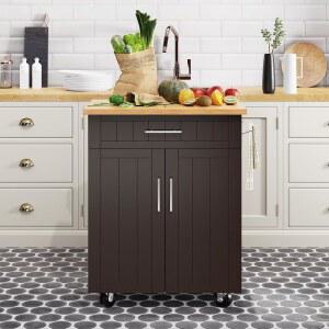 수납장이 있는 신텐치 키친 아일랜드 카트, 대형 작업대가 바퀴 위의 롤링 사이드 테이블, 수납 캐비닛, 주방용 수건 선반 및 서랍, 다이닝 룸, 브라운