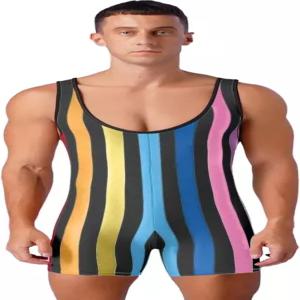 렌베나 남성 원피스 스트라이프 점프수트 수영복 스트레치 레슬링 싱글렛 롬퍼스 바디수트