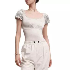 새틴 퍼프 셔링 반팔 발레 레오타드 무용 체조 의상 연습용