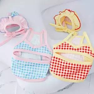 강아지 수영복 여름 모자 빨간색 반려견 전용 체크무늬 여름 조절 트임 시원함