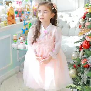 플라워 살구 긴팔 한복 드레스 아동 여아 남아 유아 아기 어린이 생활 계량 한복 퓨