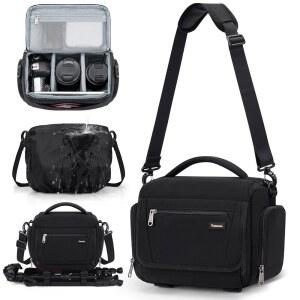 레인모어 카메라 가방, SLR/DSLR/거울 없는 케이스, 칸막이 삼각대 홀더가 있는 방수 슬링백 크로스바디 캐논/소니/니콘/후지, 블랙용 레인 커버가 사진작가용 가방