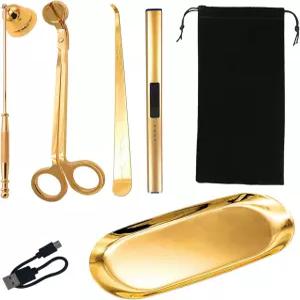 SYWAN 5Pc 스테인리스 스틸 캔들 윅 트리머 세트 디퍼 스너퍼 및 애호가용 충전식 전기 라이터(골드)