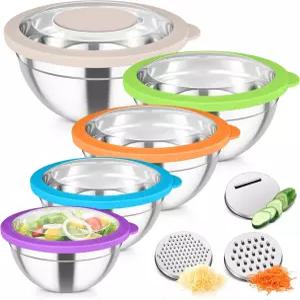 TeamFar 믹싱 볼 투명 뚜껑과 3개의 강판이 있는 스테인리스 스틸 샐러드 서빙 주방 조리 준비 보관용 크기