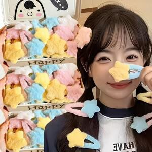 1/6개 플러피 스타 헤어핀 귀여운 별 모양 봉제 클립 BB 데일리 사이드 뱅 인조 모피 패션 핀 바레트 액세