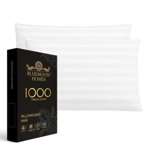 블루문 홈즈 킹 사이즈 줄무늬 베개 커버 1000 스레드 카운트 통기성 쿨링 화이트 베개를 위한 긴 스테이플 100% 이집트 면 - 부드럽고 호텔 같은 보호대