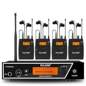 [포르르] FULODE 인 이어 모니터 시스템, UHF 무선 모노 IEM(메탈 랙마운트 송신기 포함), 바디팩 리시버 4개 및 인이어 모니터링 헤드폰, 주파수 100개, 뮤지션, 가수, 무대용 262피트 범위