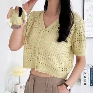 (제스트)여름 크롭기장 펀칭 반팔가디건 브이넥 여성 볼레로