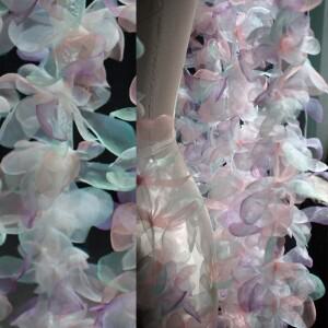 오로라 색상의 아이리스 오간자 원단 대형 꽃 레이스 트림 웨딩 드레스 코사지 헤어피스 디자이너 공예 재