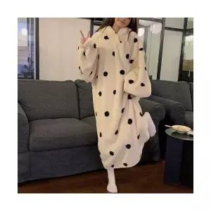 엘럽 커플 잠옷세트 빅사이즈 도트 잠옷 플란넬 겨울 편안한 기모 후드 롱 원피스 원템4