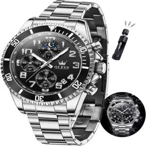 OLEVS 남성용 크로노그래프 시계 고급 드레스 스테인리스 스틸 방수 문 페이즈 야광 비즈니스 캘린더 손목