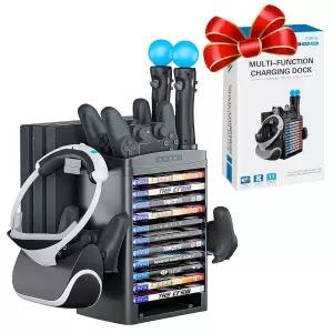 PS4 VR 헤드셋과 호환되는 스카이윈 충전 스테이션 - 게임 디스크 랙 헤드셋 및 콘솔 스탠드 냉각 팬