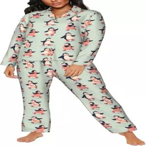 라우네 여성 잠옷 세트 귀여운 펭귄 스 스케이팅 겨울 스타일 긴팔 슬립웨어 소프트 라운지 버튼업 Pjs