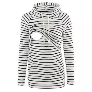 Liu Qu 여성용 수유 후디 긴소매 스웨트셔츠 모유 레이어드 탑 포켓 캐주얼 의류 블랙 화이트 스트라이프 X