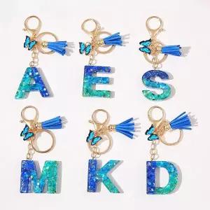 호환  절묘한 하트 스팽글 채워진 26 글자 키 체인 바다 블루 컬러 수지 이니셜 나비 가방 펜던트 키 홀더