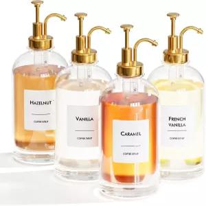 16.9온스(500ml) 커피 시럽 디스펜서 세트 - 골드 펌퍼 및 라벨이 있는 유리병 4개 커피숍 카페 또는 홈
