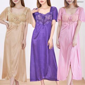 이너퀸 프리수 여성용 란제리 실키 실크 보드레 사틴 레이스 트임 슬릿 롱 맥시 반팔 빅사이즈 슬립 원피스 5107롱슬립