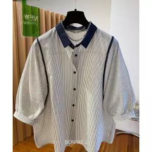 [하프클럽/]7부소매 단가라 단추 카라넥 스트라이프 남방셔츠 여성셔츠 네