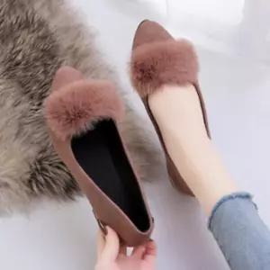 여성 퍼 장식 플랫 슈즈 스웨이드 기모안감 겨울 구두