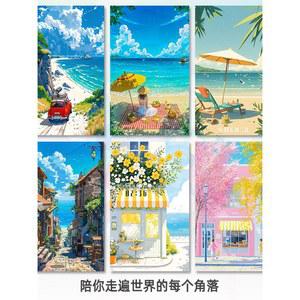 핸드페인팅 캐릭터 풍경 엽서 해변 여행 낭만 상큼한 카카드 아이디어 기프트 데코레이션 스티커