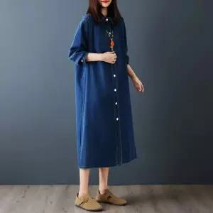 블랙팬서 여성 추동 긴팔 셔츠 스커트 빈티지 슬림핏 롱 데님 원피스 OPH4