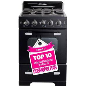 유니크 가전 클래식 레트로 가스레인지, 4개의 버너가 있는 프리스탠딩 컨벡션 오븐, 오븐 라이트, 24인치 미드나잇 블랙