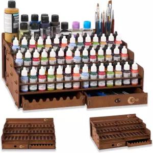 OPIR 페인트 보관함 98개의 구멍이 있는 나무 정리함 미니어처 세트 24개의 슬롯 1개의 서랍 25개의 브러시
