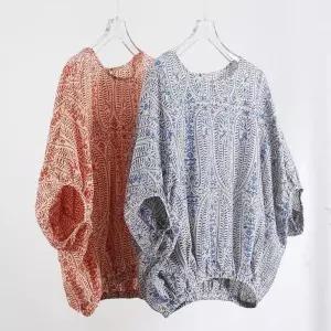 여성 루즈핏 여름 라운드넥 반팔 패턴 블라우스에스닉 휴양지륙 패션