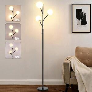 거실용 Ldeco 3-Globe 미드 센추리 블랙 트리 바닥 램프, 사무실 침실용 프로스팅 유리 그늘이 있는 70인치 높이의 모던 스텝리스 디밍 가능 스탠딩 스터디룸 전구 포함(디머 블랙)
