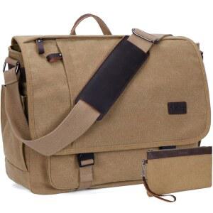 남성용 너리온 메신저백 17-17.3인치 노트북 가방 캔버스 방수 컴퓨터 숄더백 대학용 서류 (브라운)