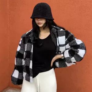 여자 체크 셔켓 울 하이넥 퍼프 양털 포켓 누빔 자켓