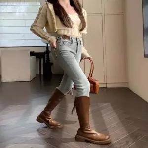 여자청바지 배기핏 겨울 기모 도톰 장식 스판 데님 스키니진 원템4