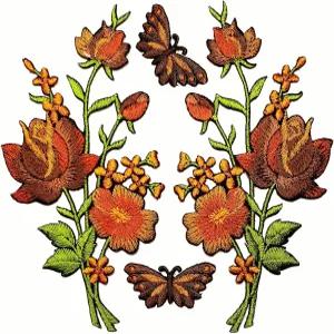 세트. 아름다운 갈색 장미 꽃다발 꽃 패치 사랑스러운 나비 자수 다리미 온 재봉 용품 재킷 청바지 옷 모자