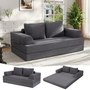 COMAX 컨버터블 소파 침대 퀸, 접이식 바닥 코듀로이 이불 매트리스, 베개 포함, 거실 침실용 뼈 없는 편안한 라운지 러브시트, 그레이