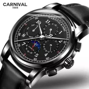 남자 여성 손목 시계 CARNIVAL- 다기능 자동 기계식 남성 캘린더 방수 문 페이즈 Reloj Hombre