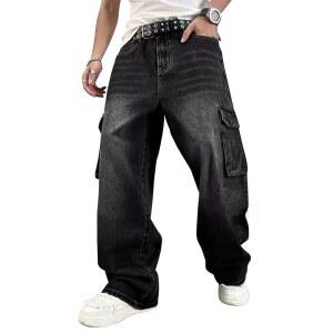 헝슨 남성용 남성 배기 청바지 카고 팬츠 루즈핏 레그 빈티지 캐주얼 Y2k 스케이터 데님 여성 와이드 플레인