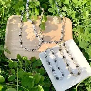 핸드메이드) 블랙 앤 화이트 하트 목걸이+팔찌 세트 블랙 진주 10대 20대 30대