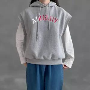 여성 레이어드 소매 없는 후드 글씨 포인트 겨울 기모 조끼