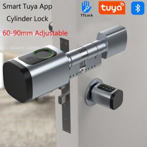 도어락 Tuya TTLOCK APP 지문 실린더 전자 스마트 도어 잠금 장치 디지털 키패드 코드 카드 원격 제어 조절 가능 60 90mm