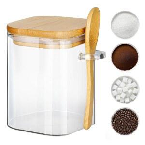 대나무 뚜껑과 숟가락이 있는 홀로이스 유리병, 건조 식품 보관용 뚜껑이 16온스 유리 저장 용기 설탕, 커피, 견과류, 쿠키, 사탕, 차, 밀폐 주방 향신료