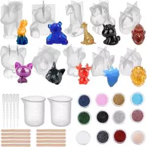 레몬로드 28개 3D 동물성 수지 몰드 세트에는 글리터 파우더 계량컵 드로퍼 및 DIY 아트 공예 선물용 믹싱